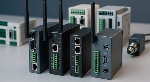 Industrial IoT gateway diagram showing ports, protocols, and data processing workflow.