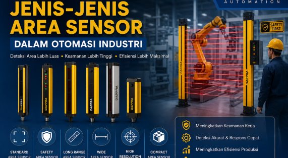 Mengenal berbagai jenis Area Sensor seperti Standard Area Sensor, Safety Area Sensor, Long Range Area Sensor, Wide Area Sensor, High Resolution Area Sensor, dan Compact Area Sensor dalam sistem otomasi industri.