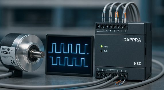 PLC high-speed counter diagram showing encoder signals and pulse capture concepts.