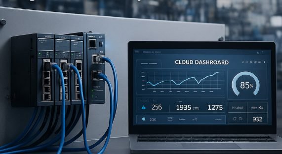PLC remote monitoring system architecture showing PLC, gateway, and cloud dashboard.