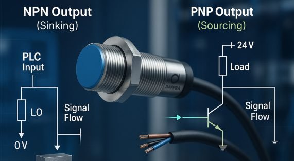 Diagram sensor proximity induktif dengan perbedaan wiring NPN dan PNP pada sistem otomasi industri