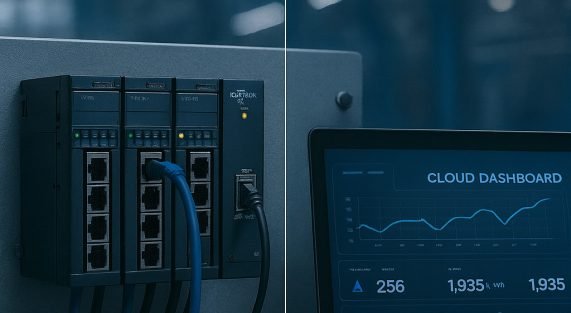 Industrial IoT upgrade diagram showing PLC, gateway, and cloud platform communication.