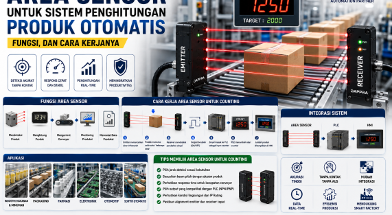 Area Sensor untuk sistem penghitungan produk otomatis pada conveyor industri dengan integrasi PLC dan HMI.