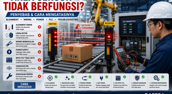 Ilustrasi troubleshooting Area Sensor yang tidak berfungsi pada sistem otomasi industri dengan pemeriksaan alignment, wiring, catu daya, dan PLC.