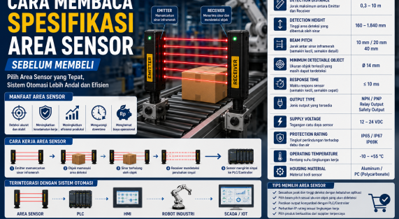 Panduan membaca spesifikasi Area Sensor sebelum membeli, meliputi detection distance, beam pitch, response time, output, dan IP rating untuk sistem otomasi industri.