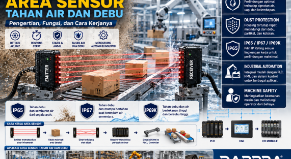 Ilustrasi Area Sensor Through Beam tahan air dan debu dengan perlindungan IP65, IP67, dan IP69K pada conveyor otomatis di lingkungan industri.