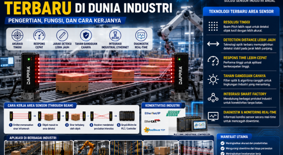 Ilustrasi Area Sensor Through Beam dengan teknologi terbaru yang menampilkan Detection Distance lebih jauh, Response Time lebih cepat, diagnostik real-time, serta integrasi Smart Factory dan Industrial Ethernet.