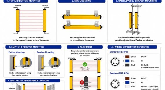 DPR-1620-NPN-NC safety light curtain area sensor installation methods including top bottom mounting side mounting cantilever installation and emitter receiver alignment