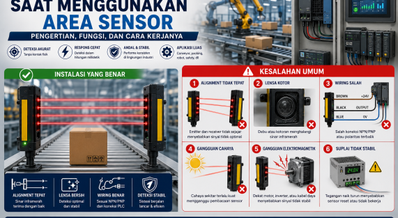 Ilustrasi kesalahan umum saat menggunakan Area Sensor pada sistem otomasi industri, seperti alignment yang tidak tepat, wiring salah, lensa kotor, dan gangguan lingkungan.