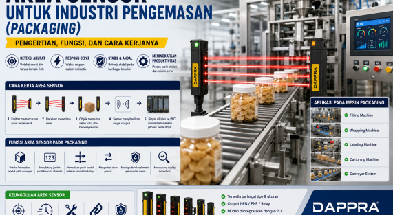 Area Sensor pada mesin pengemasan (packaging) mendeteksi produk di atas conveyor otomatis untuk meningkatkan akurasi, efisiensi, dan keselamatan proses produksi.