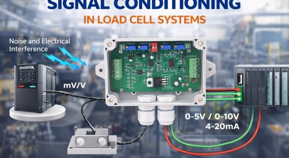 Ilustrasi signal conditioning load cell menggunakan weight transmitter DAPPRA untuk mengubah sinyal mV/V menjadi 0–10V atau 4–20mA ke PLC industri