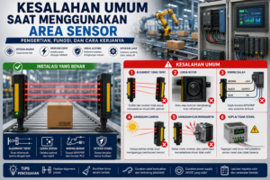 Ilustrasi kesalahan umum saat menggunakan Area Sensor pada sistem otomasi industri, seperti alignment yang tidak tepat, wiring salah, lensa kotor, dan gangguan lingkungan.