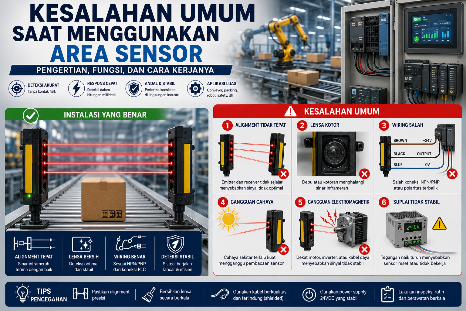 Ilustrasi kesalahan umum saat menggunakan Area Sensor pada sistem otomasi industri, seperti alignment yang tidak tepat, wiring salah, lensa kotor, dan gangguan lingkungan.