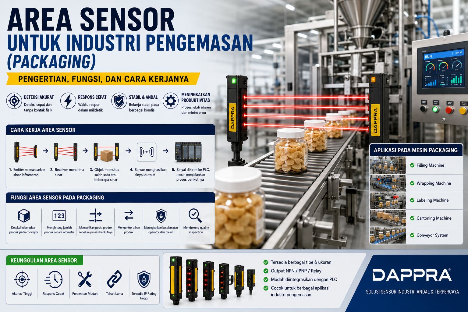 Area Sensor pada mesin pengemasan (packaging) mendeteksi produk di atas conveyor otomatis untuk meningkatkan akurasi, efisiensi, dan keselamatan proses produksi.